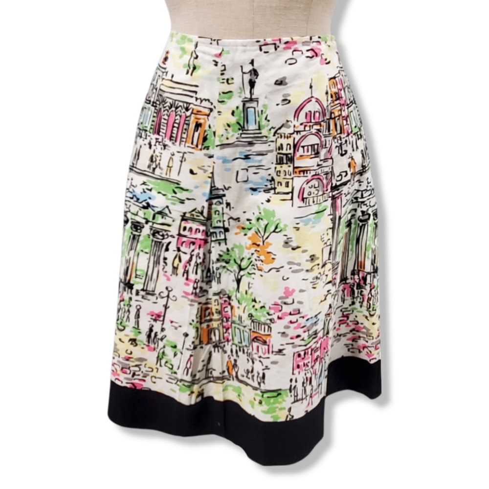 Talbots Pleated Pastel Watercolor City Lined Skirt w Black Hem- 6 Petite